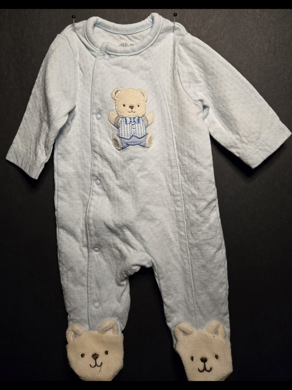 Little Me Pale Blue Bear Appliqué Footed One-Piece